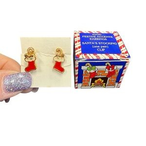 Avon Festive Accents Santa's Stocking Earrings clip NIB vintage 1992